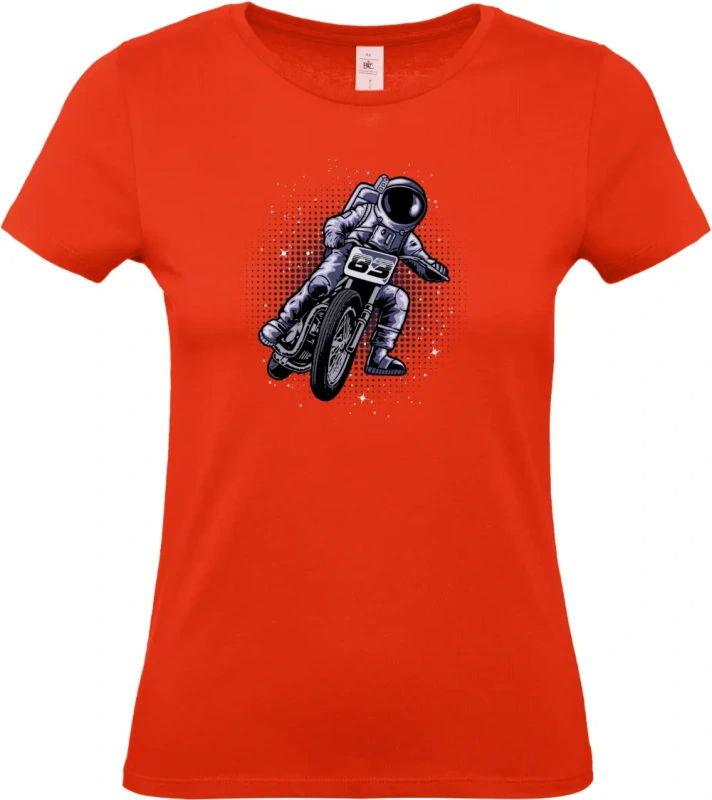 dámské ohnivě červené tričko Vesmírný Závodník - Astronaut na Motorce