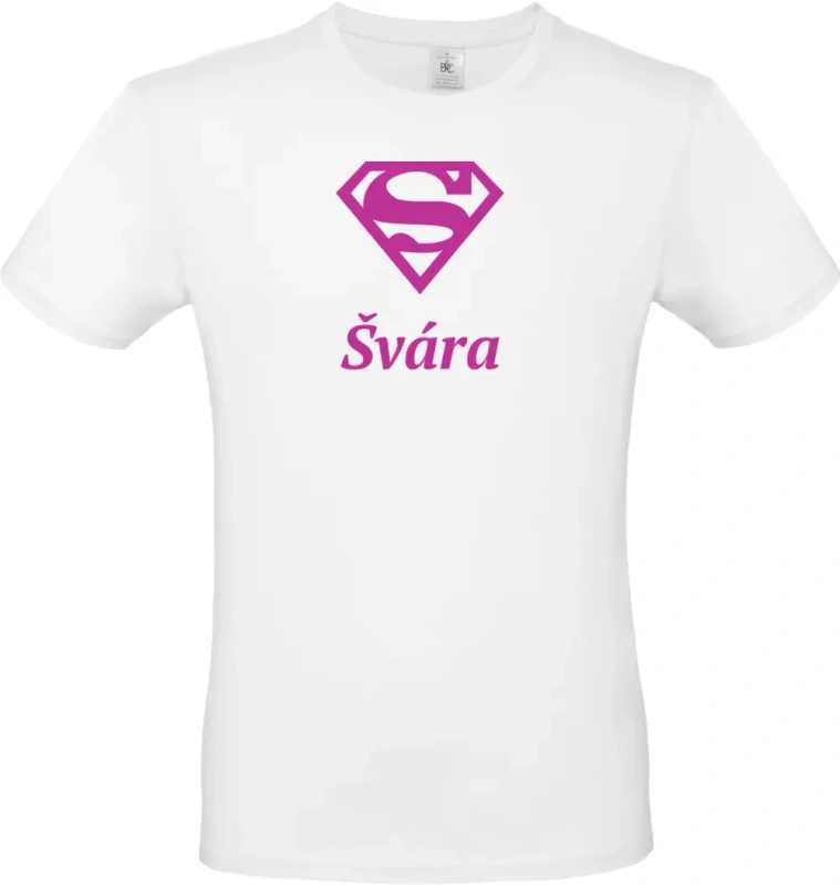 pánské bílé tričko Super Švára s fialovým textem