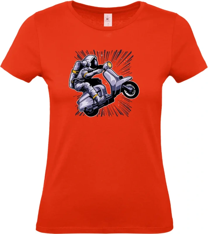 dámské ohnivě červené tričko Vesmírná Jízda - Astronaut na Skútru