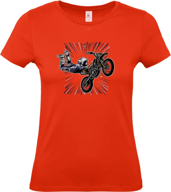 dámské ohnivě červené tričko Vesmírný Motorkář - Astronaut na MX stroji