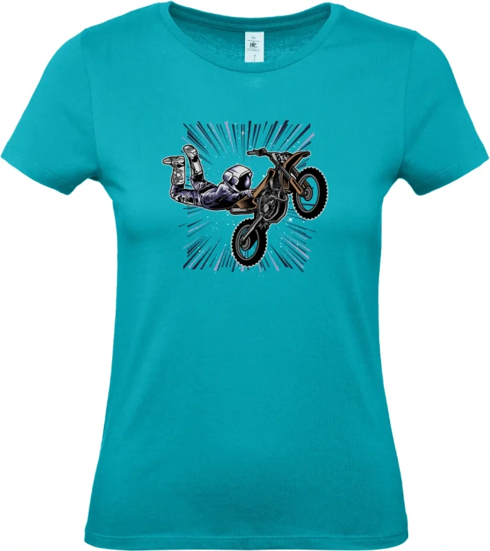 dámské tyrkysové tričko Vesmírný Motorkář - Astronaut na MX stroji
