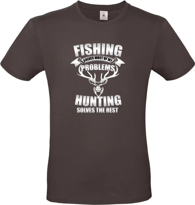 pánské hnedé tričko Fishing and Hunting Solve Everything