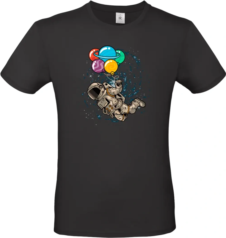 pánské černé tričko Kosmický Snílek - Astronaut s Planetovými Balóny