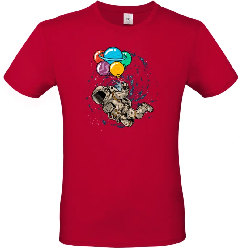 pánské tmavě červené tričko Kosmický Snílek - Astronaut s Planetovými Balóny