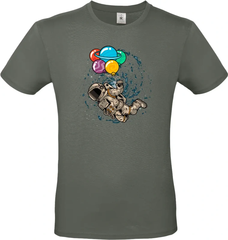 pánské khaki tričko Kosmický Snílek - Astronaut s Planetovými Balóny