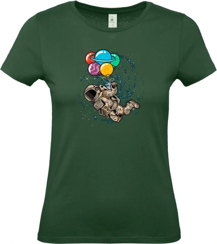 dámské láhvově zelené tričko Kosmický Snílek - Astronaut s Planetovými Balóny