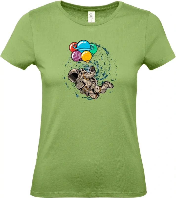 dámské pistáciové tričko Kosmický Snílek - Astronaut s Planetovými Balóny