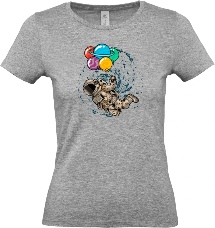 dámské světle šedé tričko Kosmický Snílek - Astronaut s Planetovými Balóny
