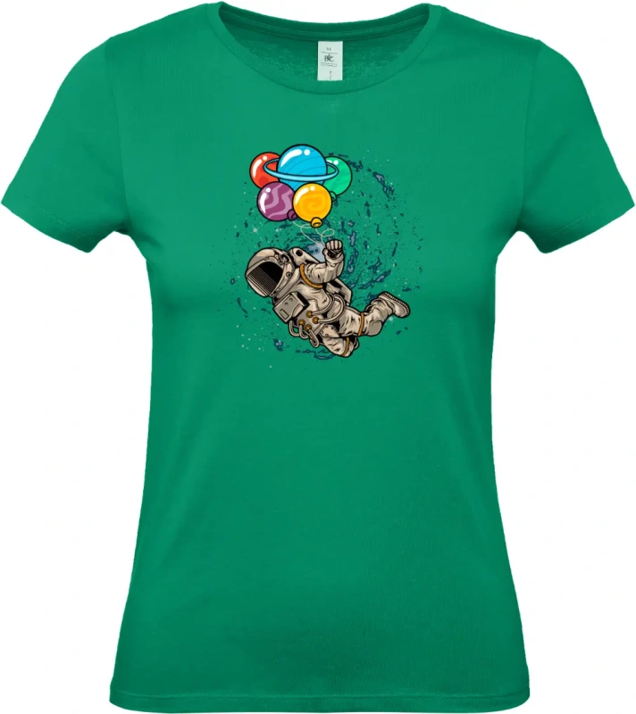 dámské kelly zelené tričko Kosmický Snílek - Astronaut s Planetovými Balóny