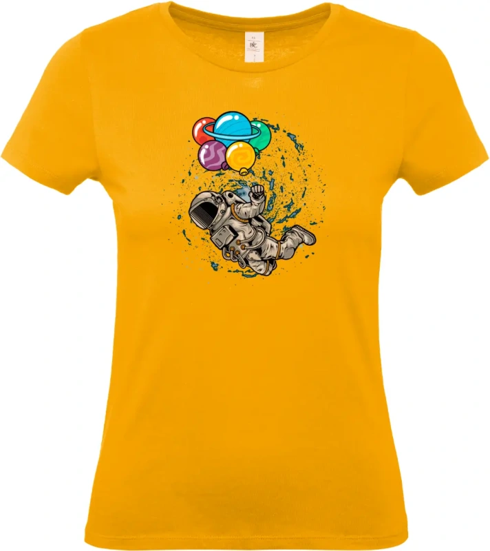 dámské meruňkové tričko Kosmický Snílek - Astronaut s Planetovými Balóny