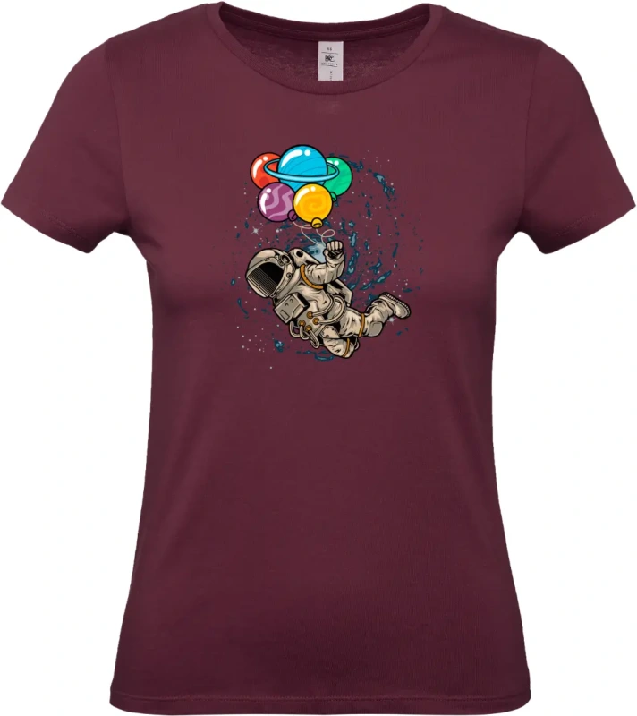 dámské vínové tričko Kosmický Snílek - Astronaut s Planetovými Balóny