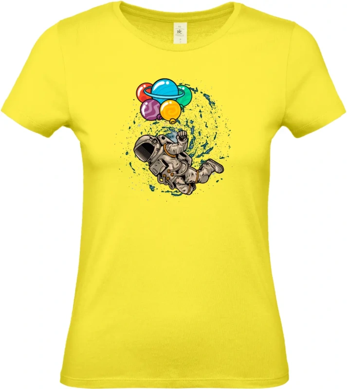 dámské citronové tričko Kosmický Snílek - Astronaut s Planetovými Balóny