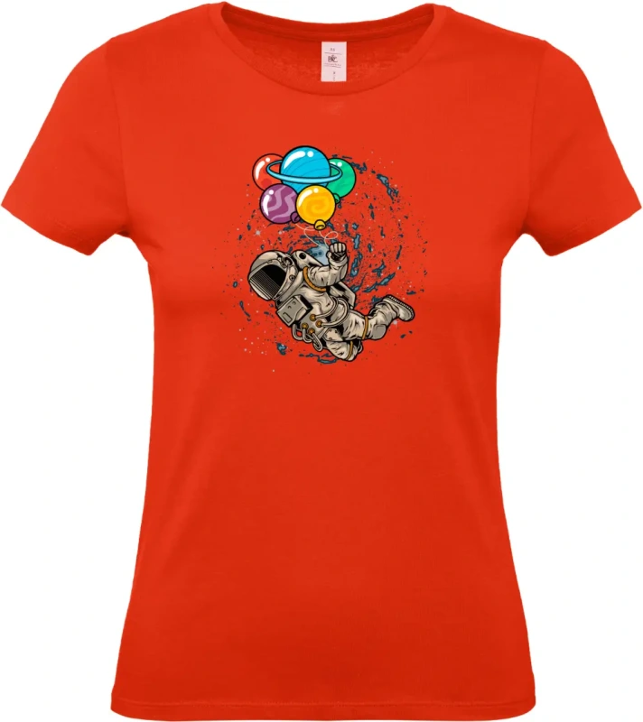 dámské ohnivě červené tričko Kosmický Snílek - Astronaut s Planetovými Balóny