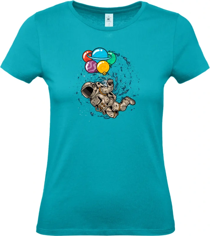 dámské tyrkysové tričko Kosmický Snílek - Astronaut s Planetovými Balóny
