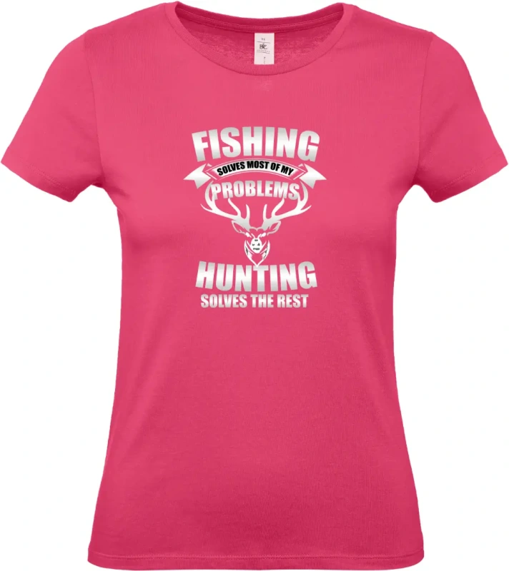 dámské ružové tričko Fishing and Hunting Solve Everything