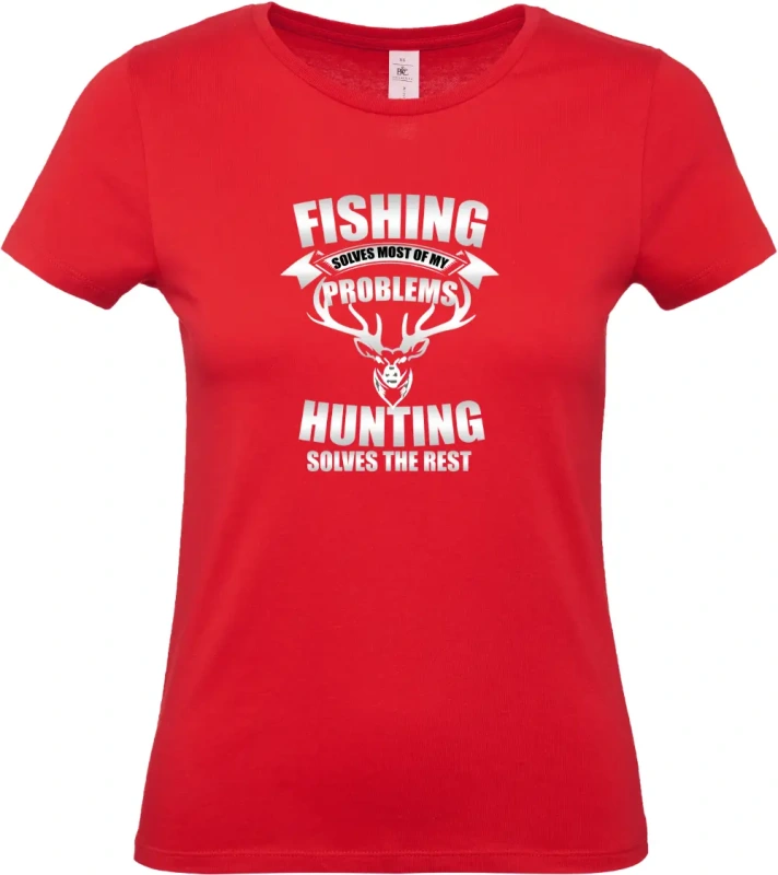 dámské červené tričko Fishing and Hunting Solve Everything